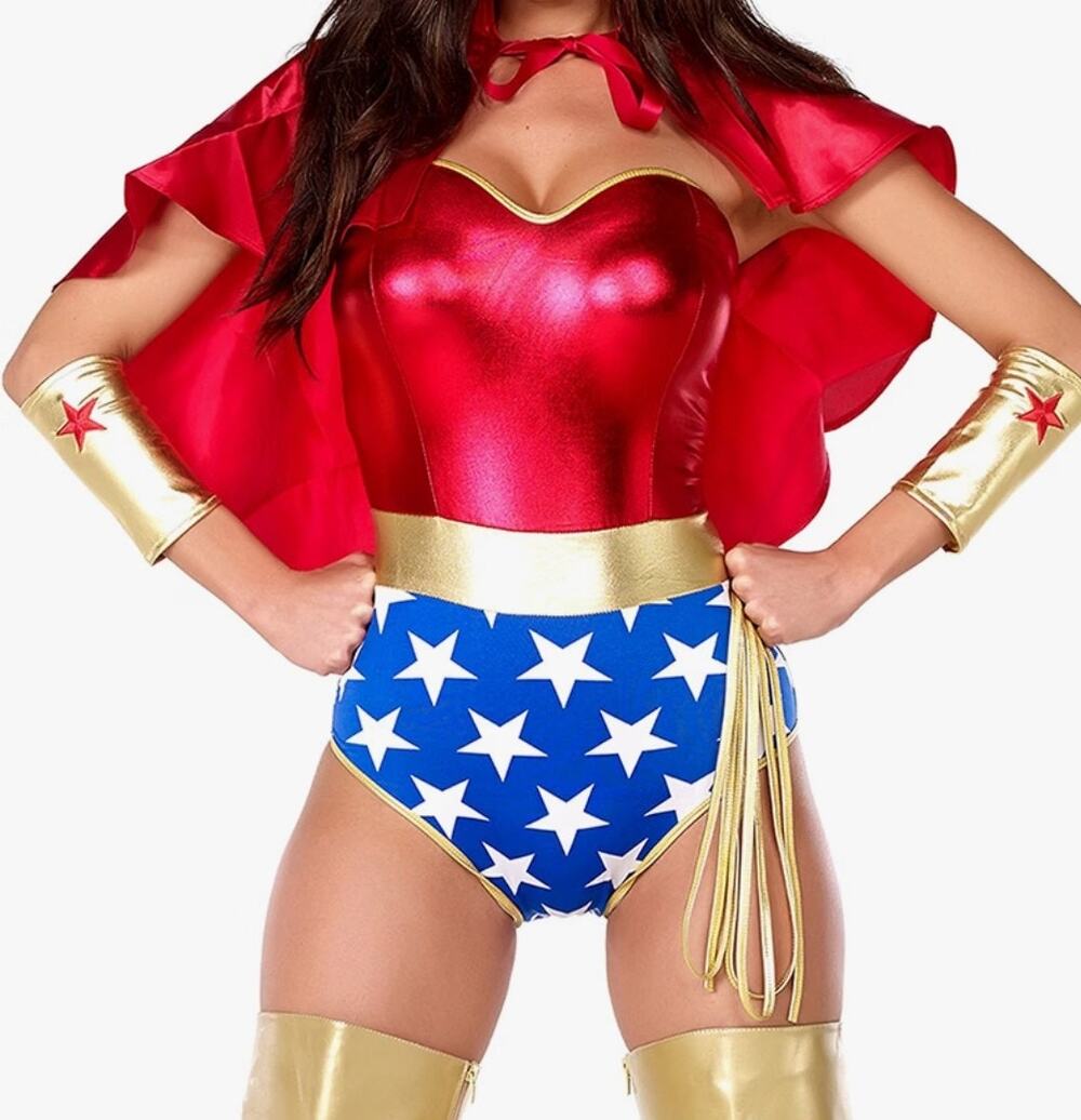 Forplay Superhero Costume Bodysuit Cape Red Blue Gold Womens S/M